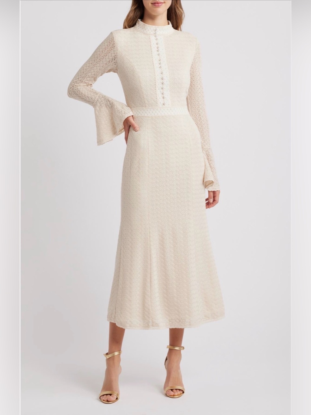 ELIATT Kailee Texture Long Sleeve Midi Dress in Ivory S
